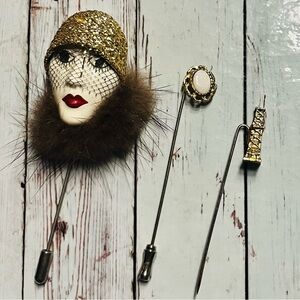 Vintage Brooch Pin Lot Lady Flapper with Fur Gemstone Gold Tone